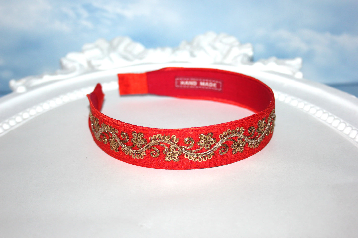 Red embroidered 1"inch raw silk headband fancy sequin hairdband