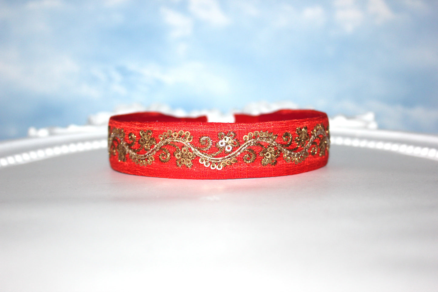 Red embroidered 1"inch raw silk headband fancy sequin hairdband