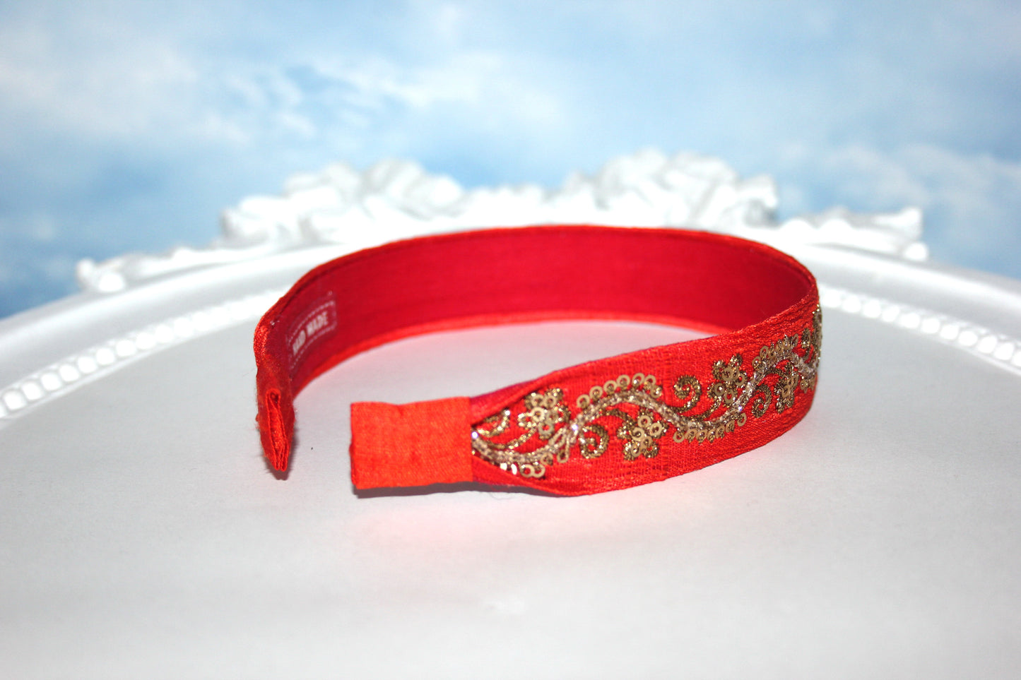 Red embroidered 1"inch raw silk headband fancy sequin hairdband