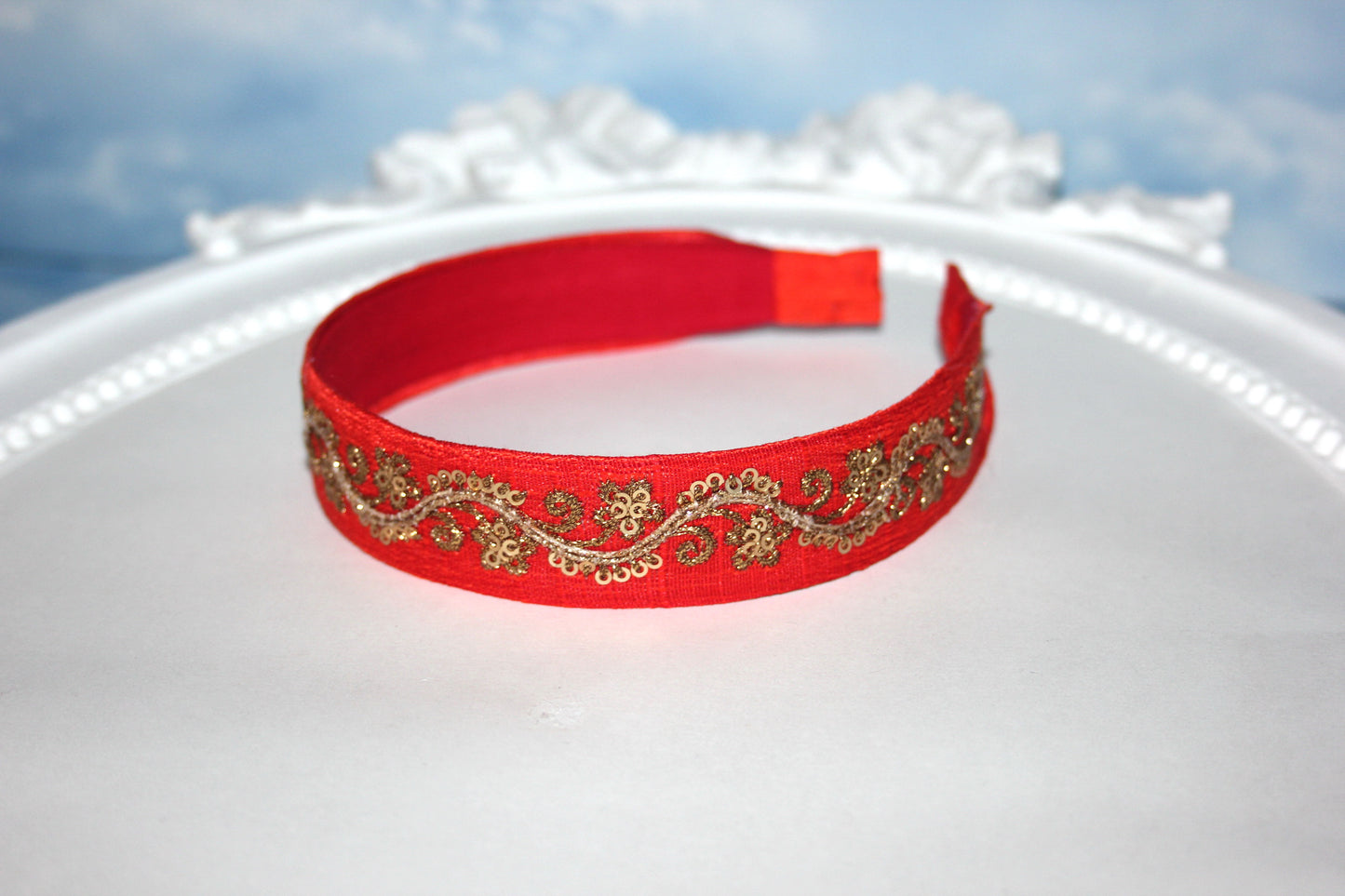 Red embroidered 1"inch raw silk headband fancy sequin hairdband