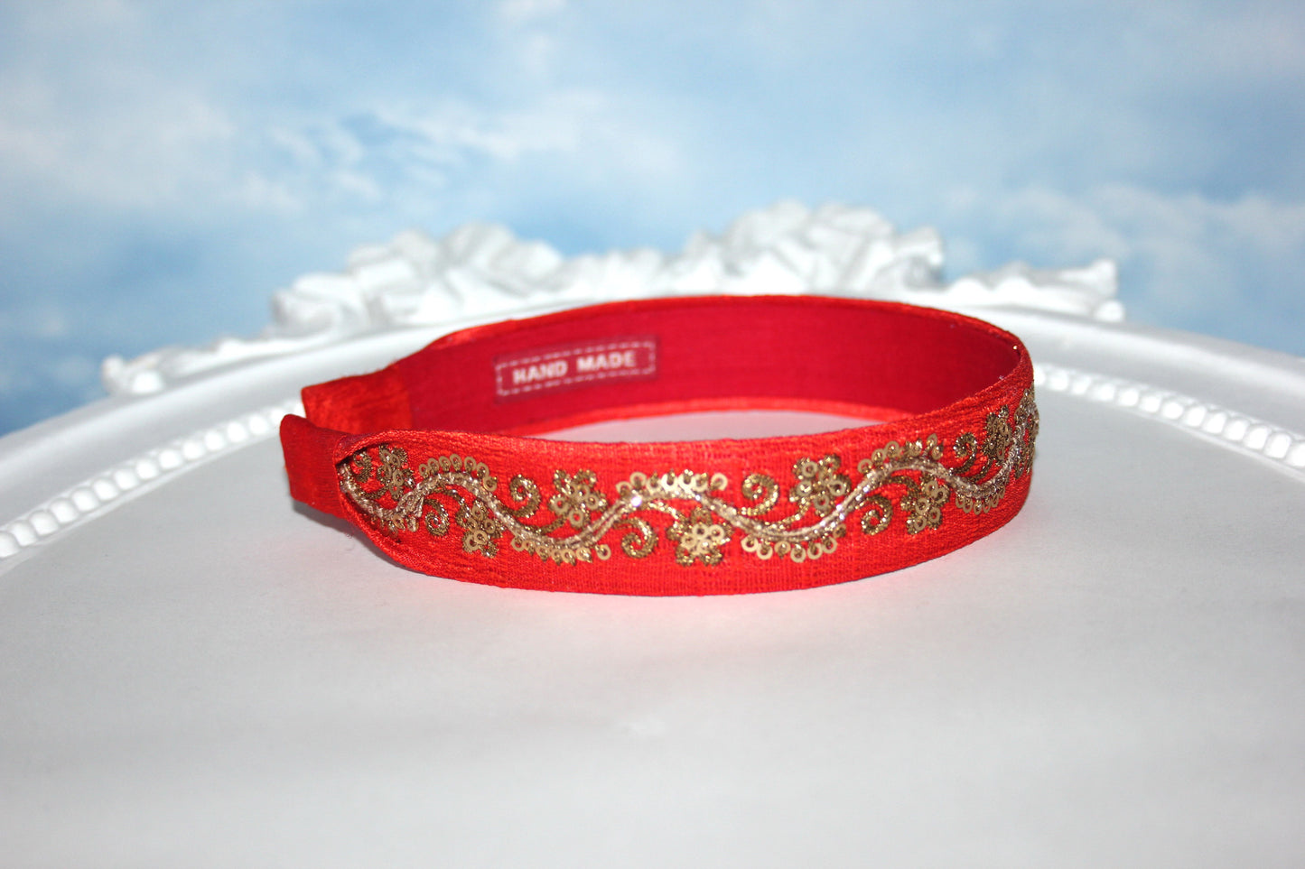 Red embroidered 1"inch raw silk headband fancy sequin hairdband