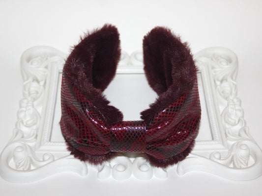 Dark Red snake print woman earmuffs faux suede/patent leather&faux fur fluffy ear muff
