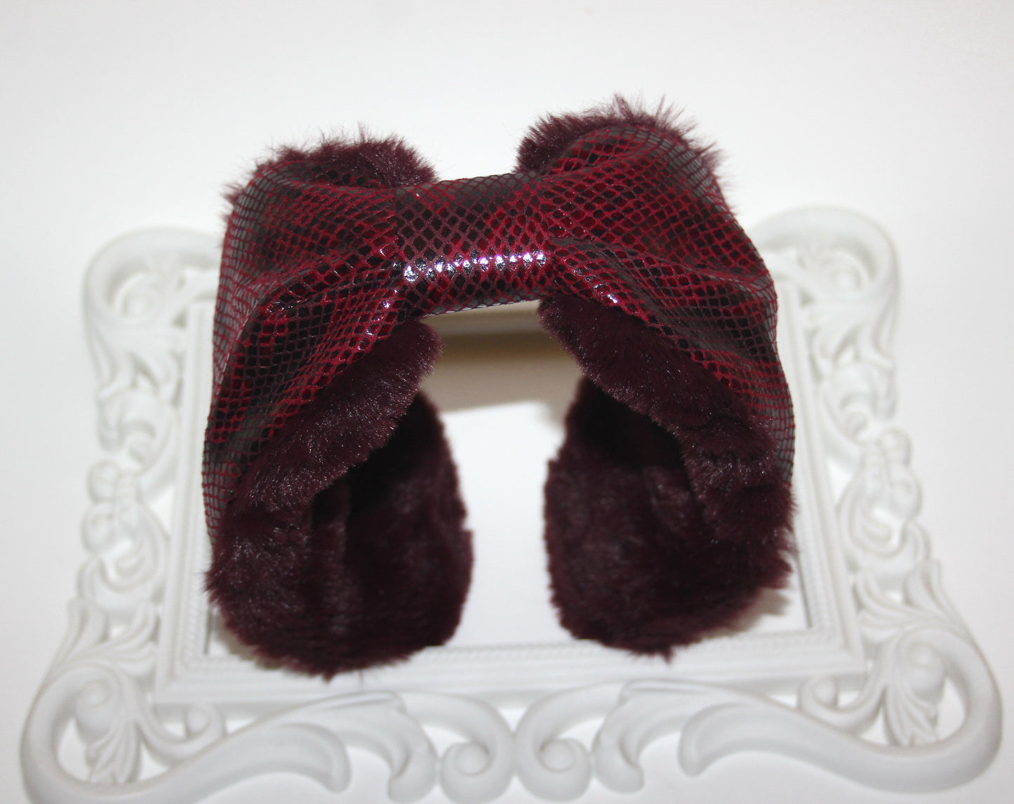 Dark Red snake print woman earmuffs faux suede/patent leather&faux fur fluffy ear muff