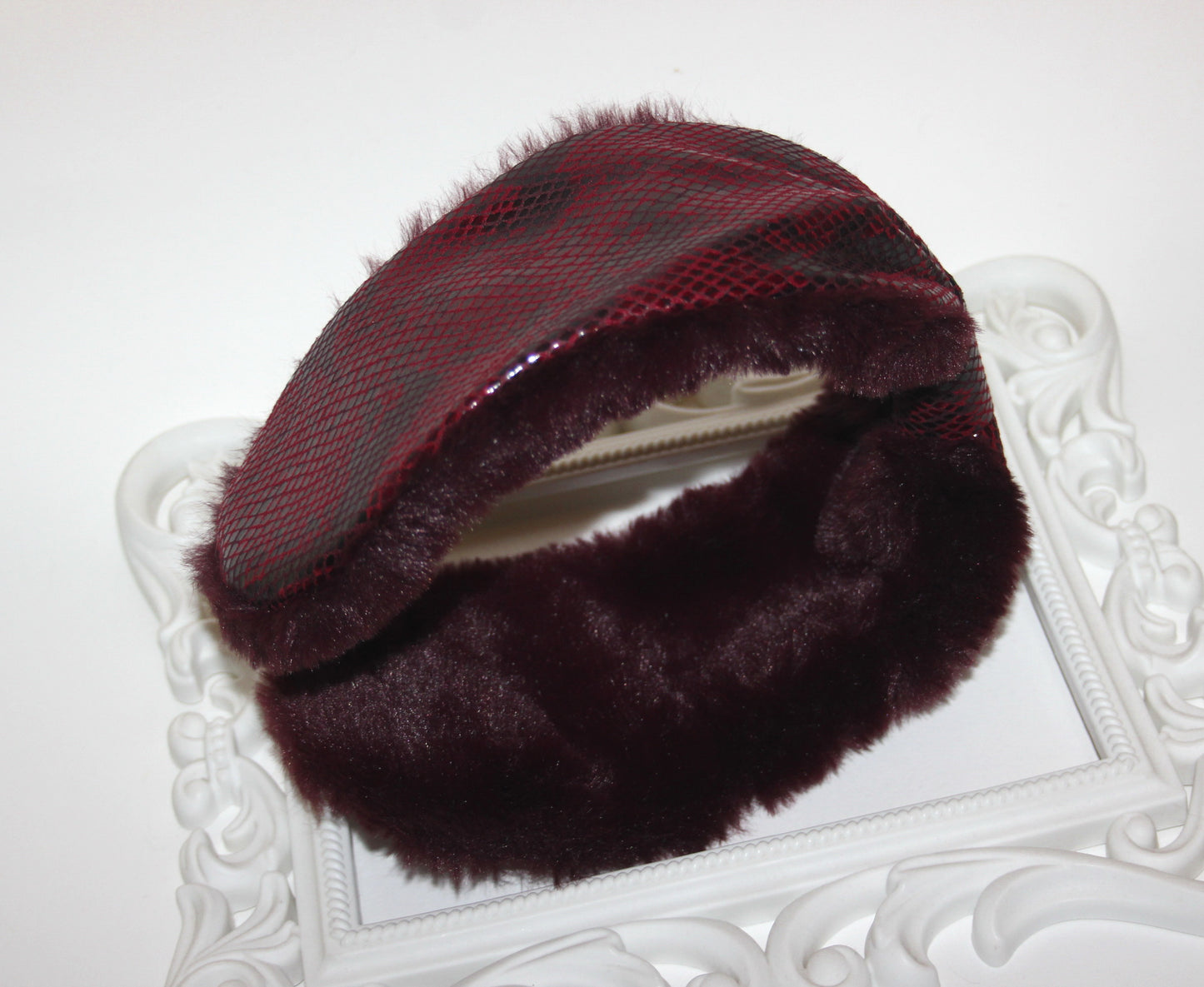 Dark Red snake print woman earmuffs faux suede/patent leather&faux fur fluffy ear muff