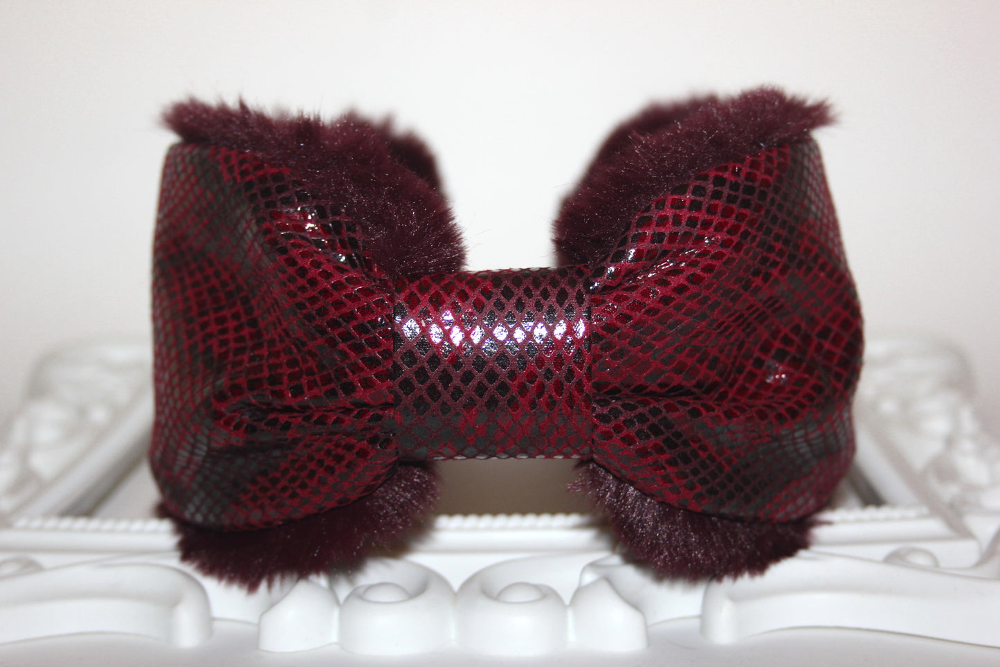 Dark Red snake print woman earmuffs faux suede/patent leather&faux fur fluffy ear muff