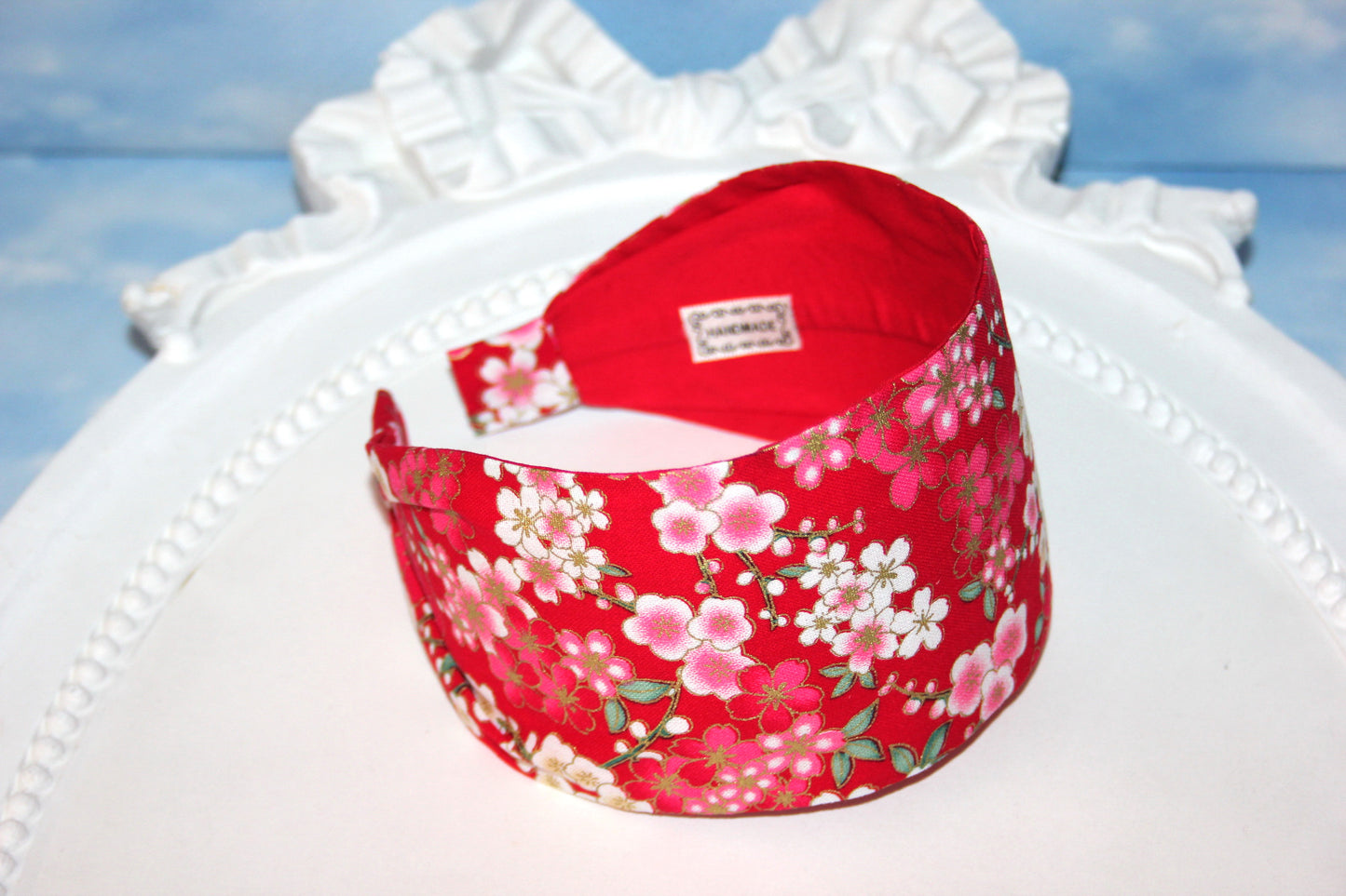 Japanese flower print headband for women boho red cotton fabric head scarf