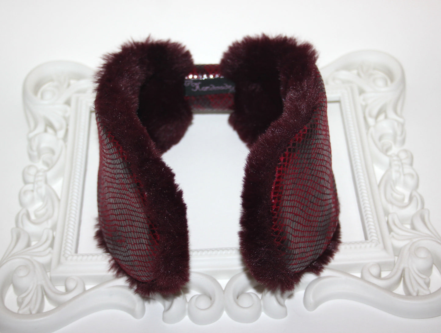 Dark Red snake print woman earmuffs faux suede/patent leather&faux fur fluffy ear muff