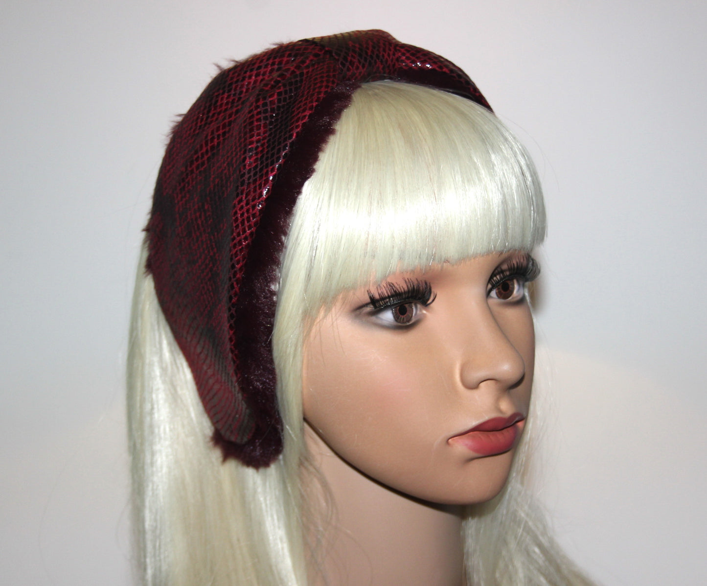 Dark Red snake print woman earmuffs faux suede/patent leather&faux fur fluffy ear muff