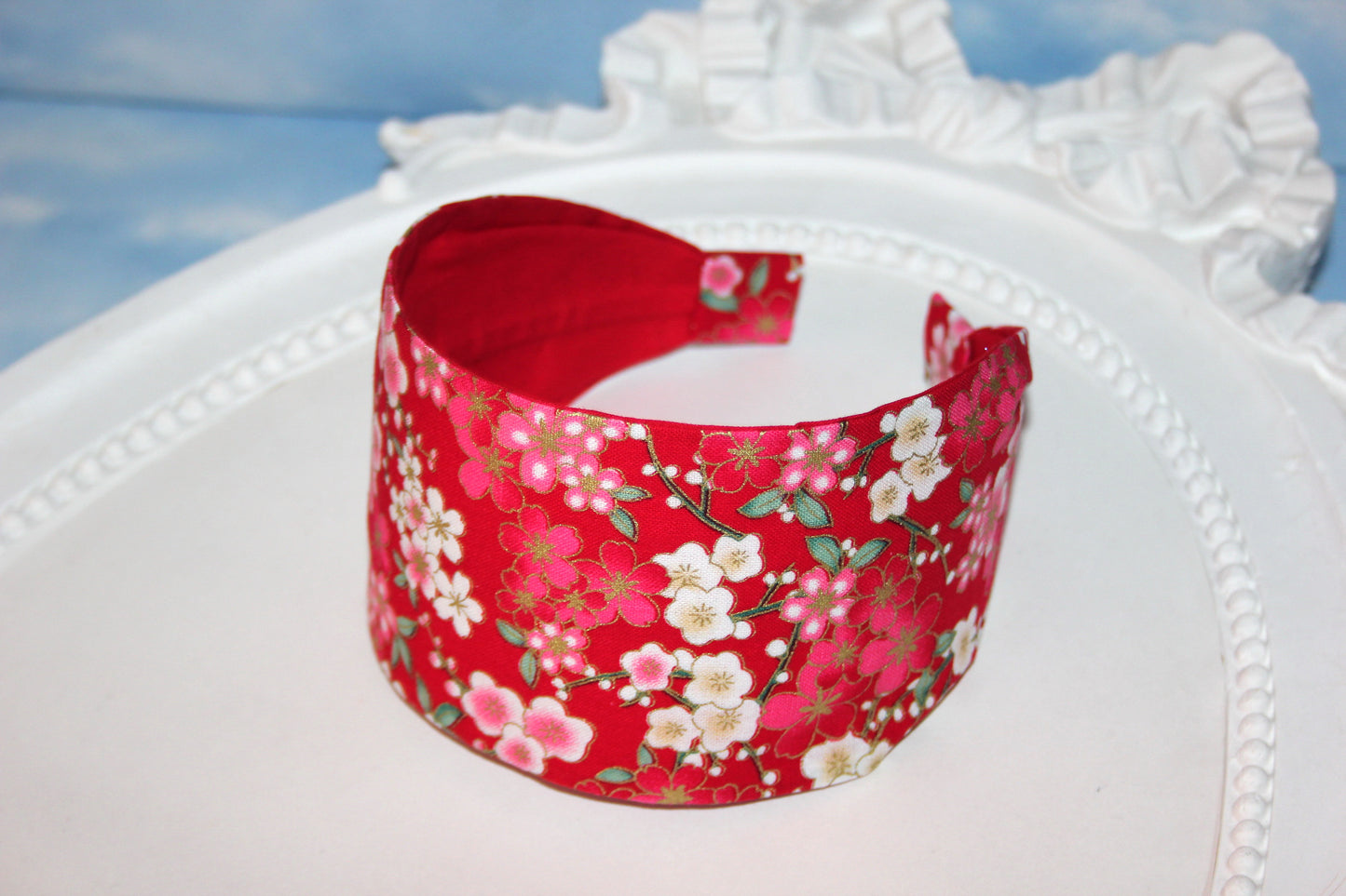Japanese flower print headband for women boho red cotton fabric head scarf