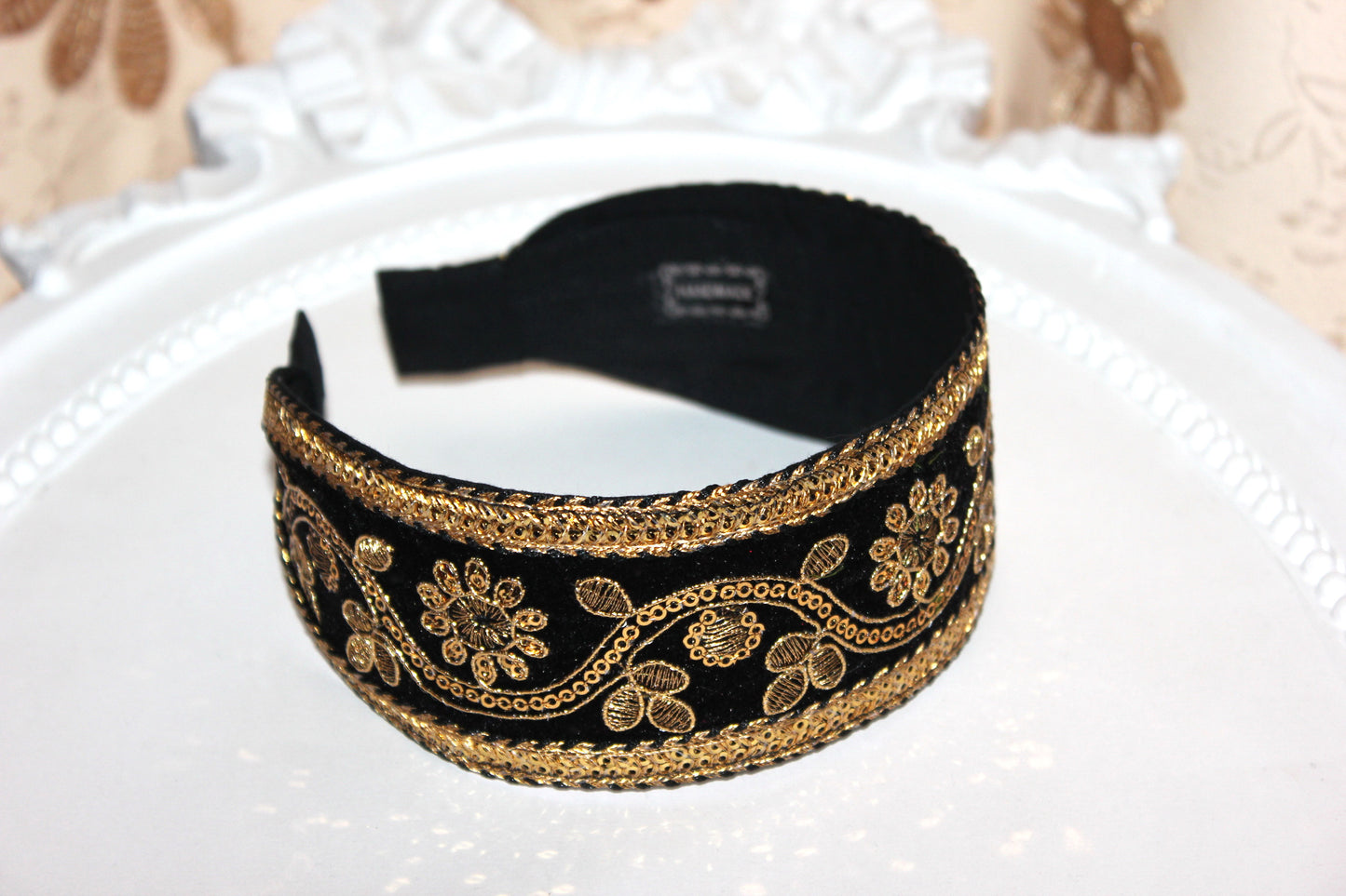 Black & Gold embroidered velvet hair band scarf 2.2" inches Sequin headband for women