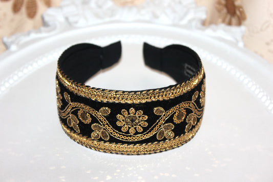 Black & Gold embroidered velvet hair band scarf 2.2" inches Sequin headband for women