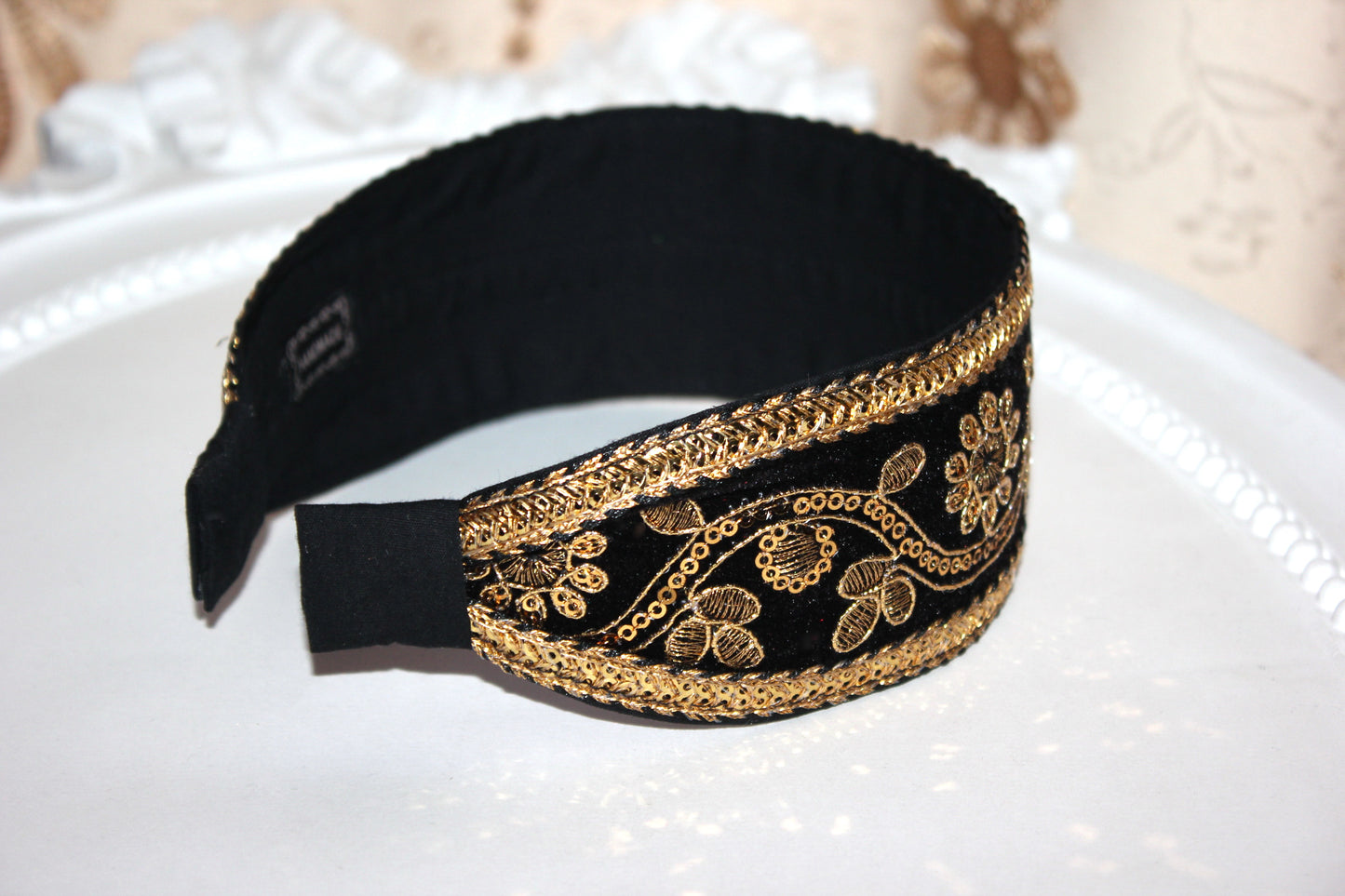 Black & Gold embroidered velvet hair band scarf 2.2" inches Sequin headband for women