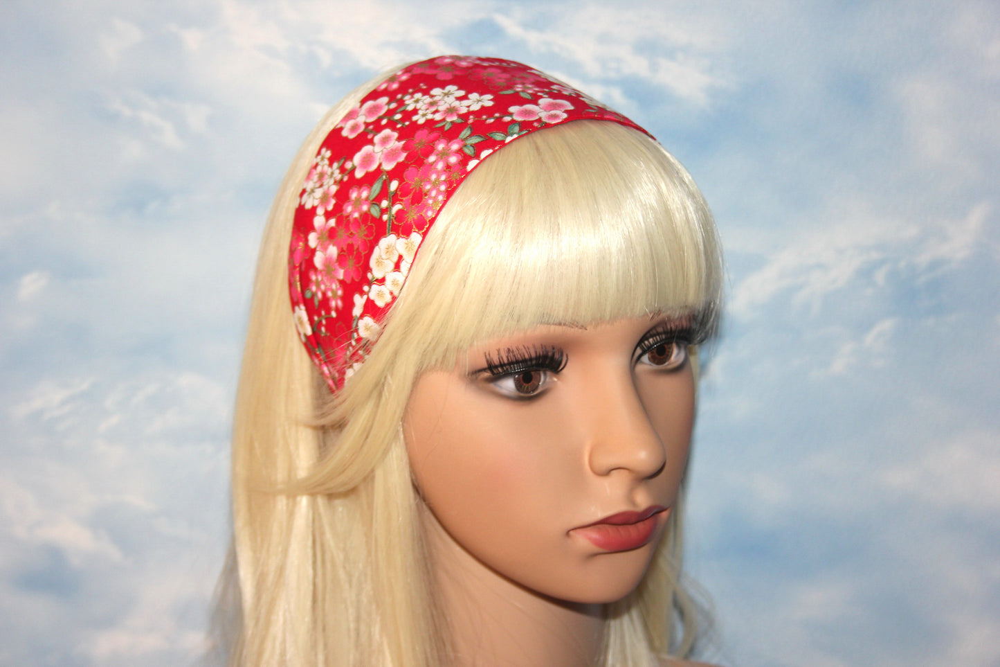 Japanese flower print headband for women boho red cotton fabric head scarf
