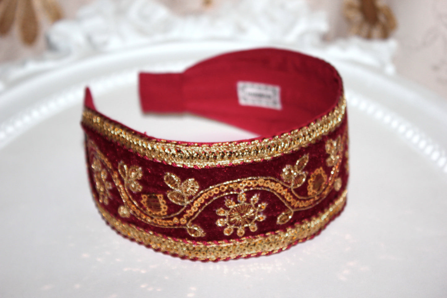 Dark Red sequin headband 2.2" inches Gold embroidered velvet hair band scarf