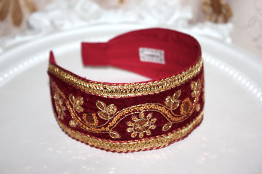 Dark Red sequin headband 2.2" inches Gold embroidered velvet hair band scarf