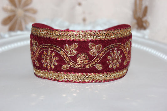 Dark Red sequin headband 2.2" inches Gold embroidered velvet hair band scarf