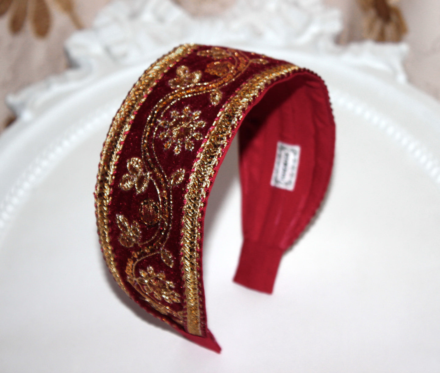 Dark Red sequin headband 2.2" inches Gold embroidered velvet hair band scarf