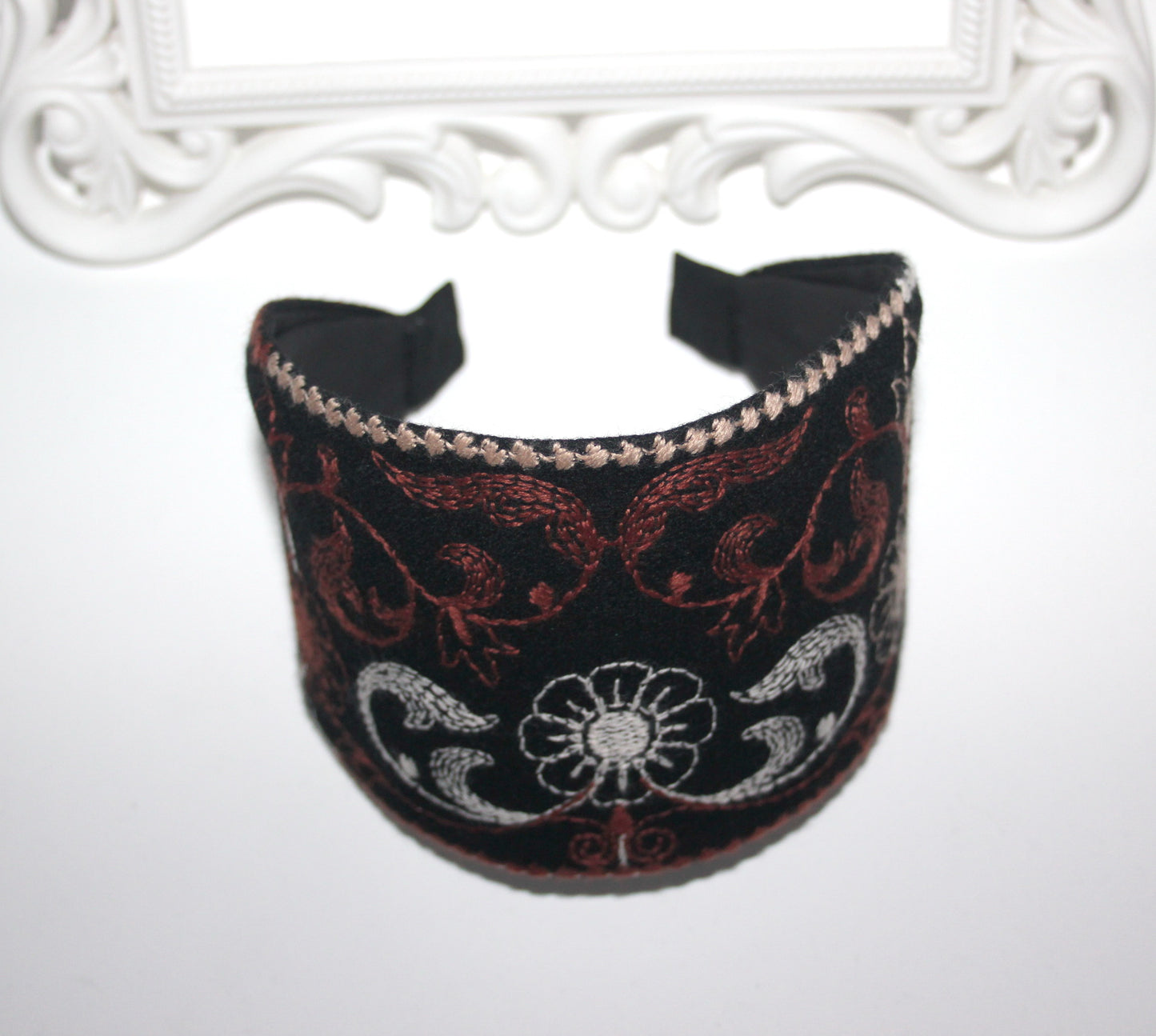 Wool headband 4 inches Black & Brown warm hairband scarf Embroidered Boho head cover