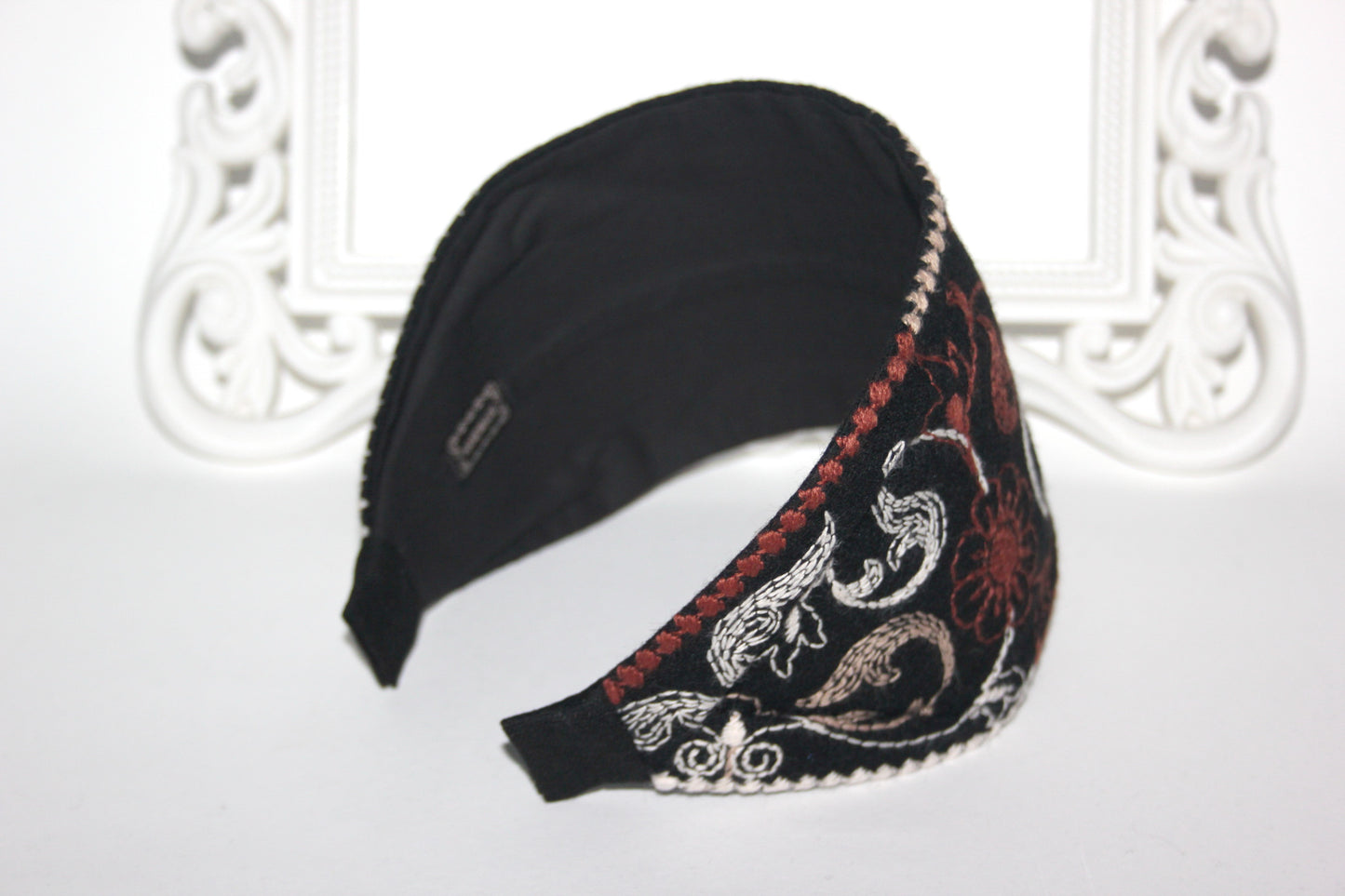 Wool headband 4 inches Black & Brown warm hairband scarf Embroidered Boho head cover