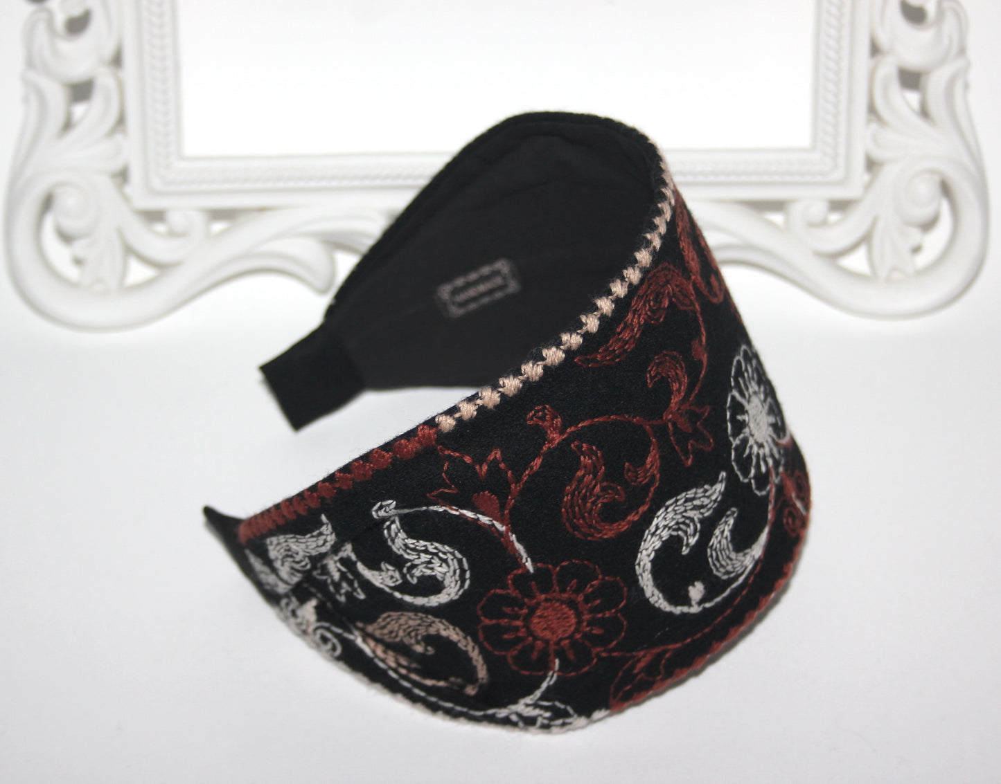 Wool headband 4 inches Black & Brown warm hairband scarf Embroidered Boho head cover