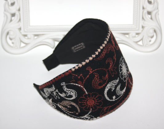 Wool headband 4 inches Black & Brown warm hairband scarf Embroidered Boho head cover