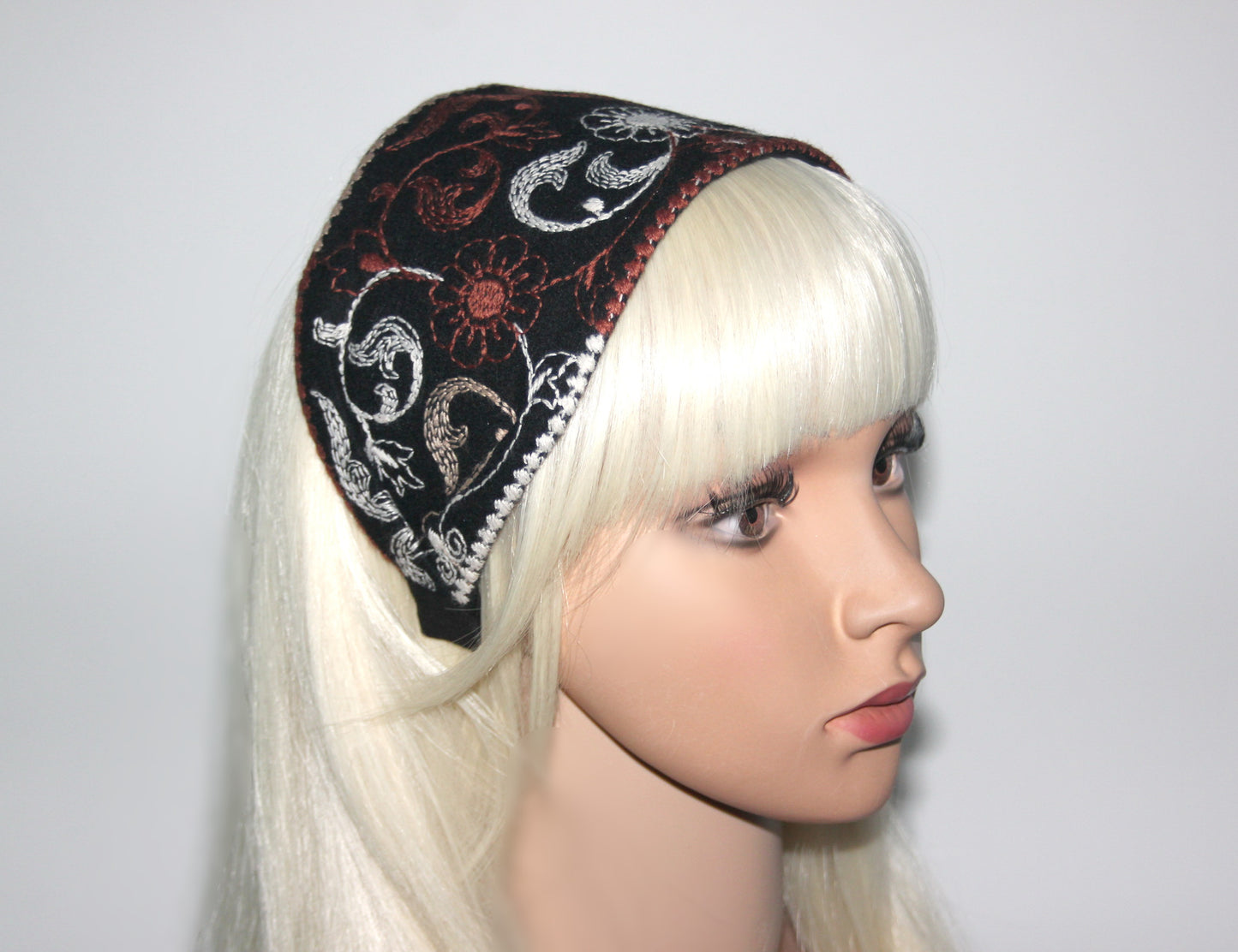 Wool headband 4 inches Black & Brown warm hairband scarf Embroidered Boho head cover
