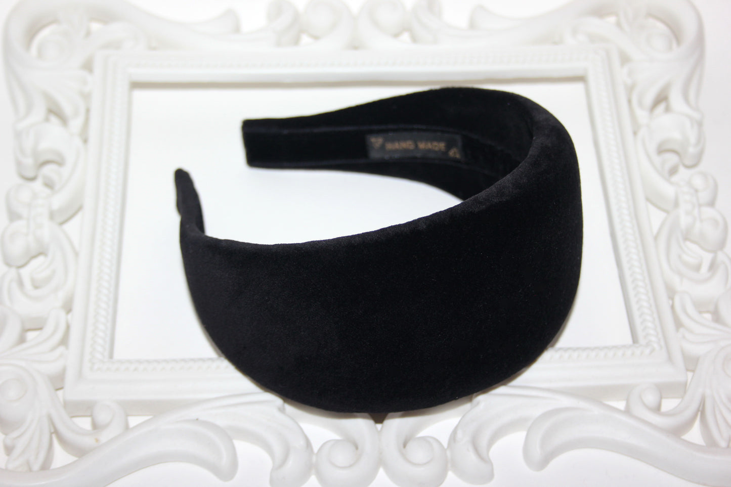Cotton velvet puffy hairband, Black padded headband, plastic free
