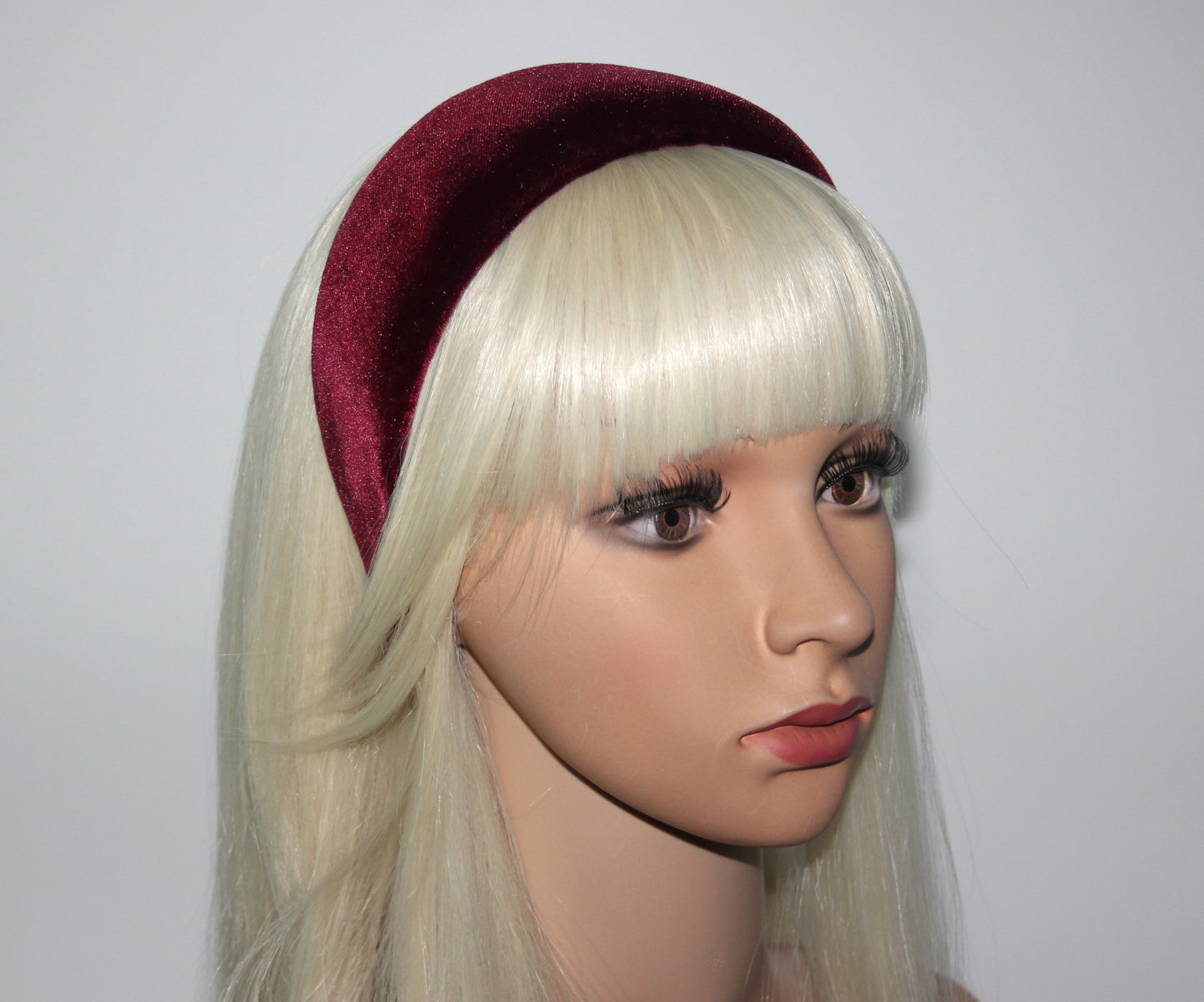 Burgundy velvet padded headband Alopecia head cover, plastic free