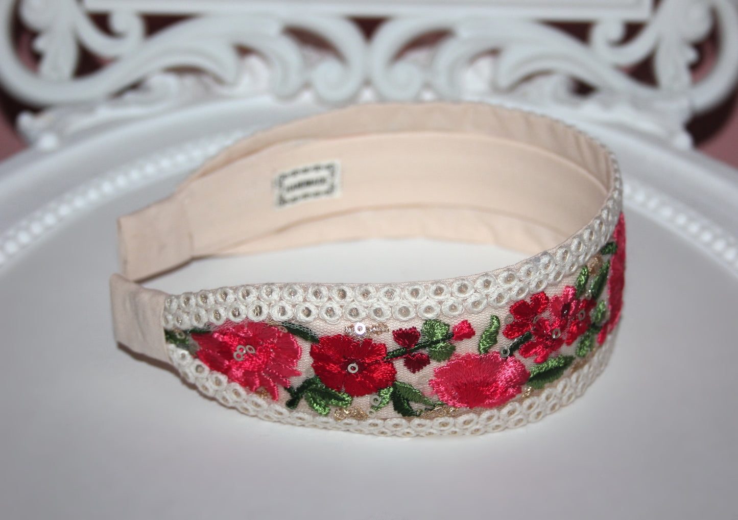 Embroidered woman headband Comfy headband scarf, 2" wide hairband, sequin gold stunning headpiece