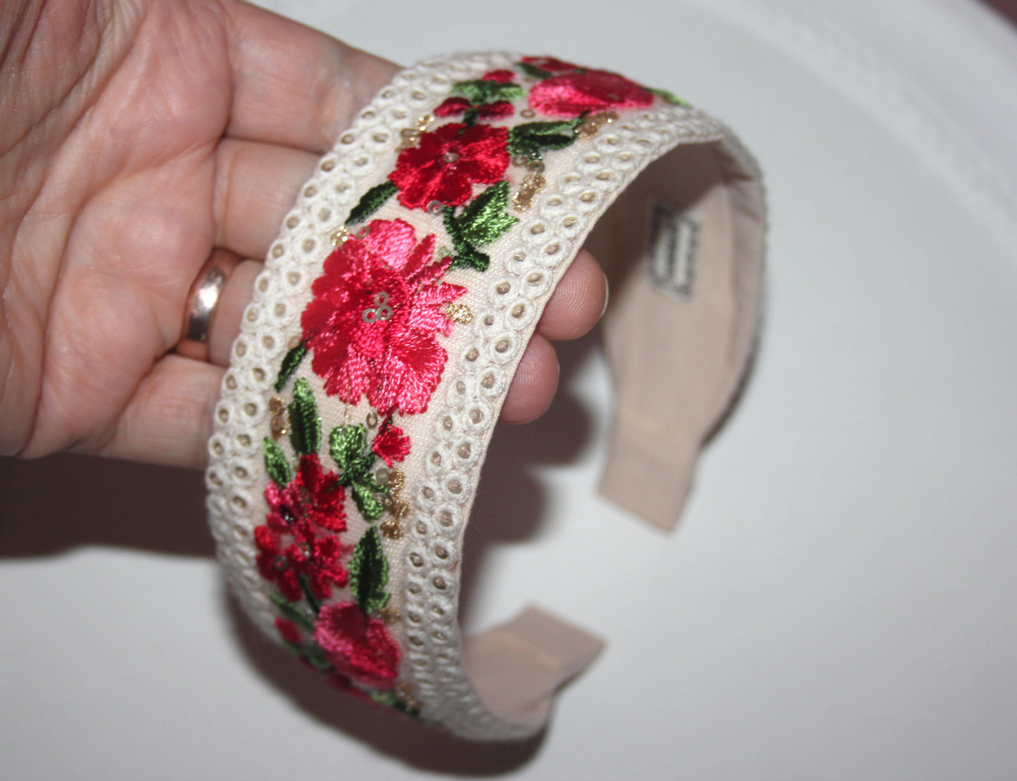 Embroidered woman headband Comfy headband scarf, 2" wide hairband, sequin gold stunning headpiece