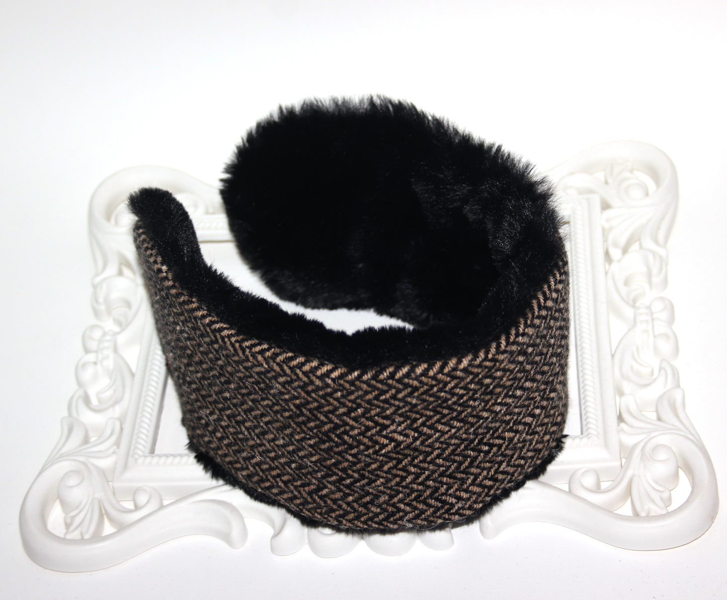 Wool ear headband faux fur earmuff for woman herringbone skiing headphones