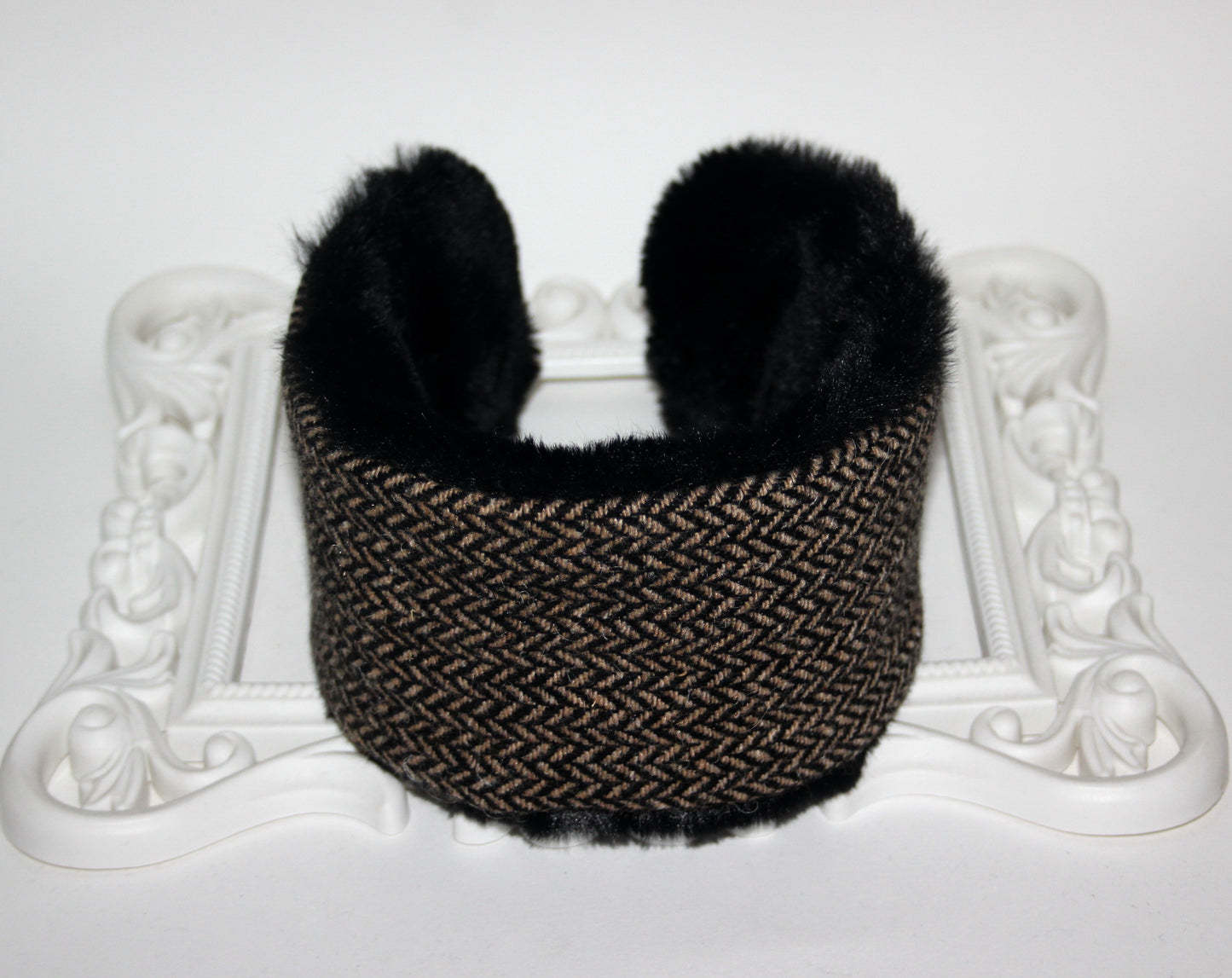 Wool ear headband faux fur earmuff for woman herringbone skiing headphones