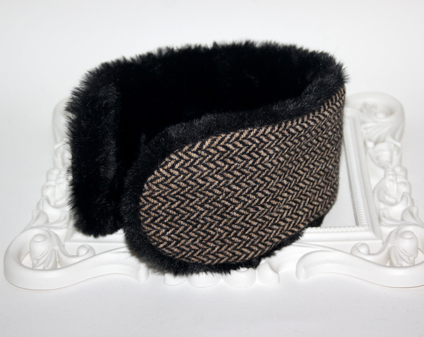 Wool ear headband faux fur earmuff for woman herringbone skiing headphones