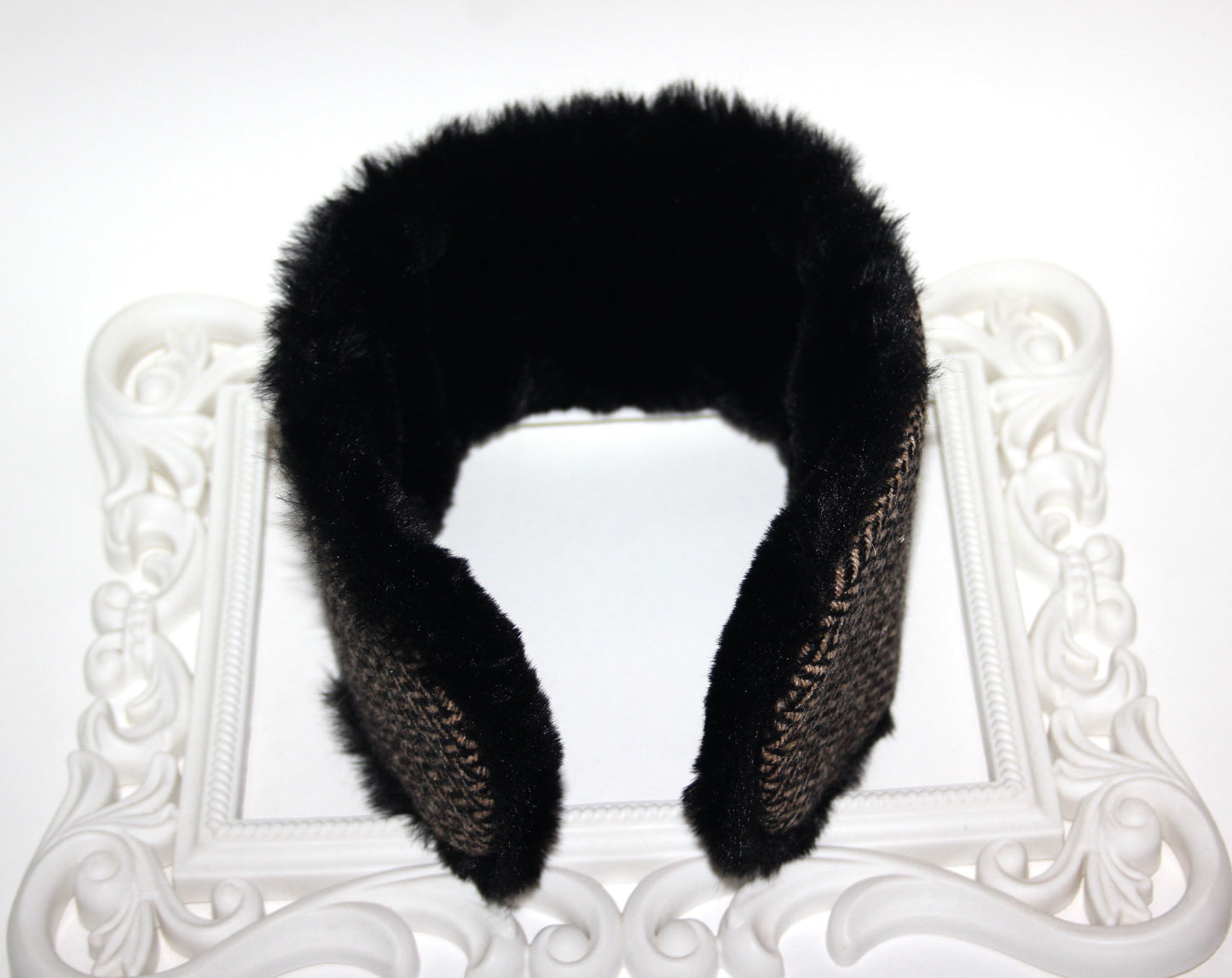Wool ear headband faux fur earmuff for woman herringbone skiing headphones