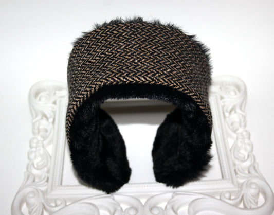 Wool ear headband faux fur earmuff for woman herringbone skiing headphones