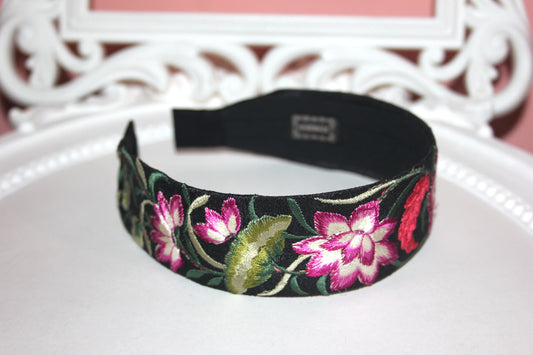 Embroidered hairband 1.6" inch Black, Green & Magenta silk headband