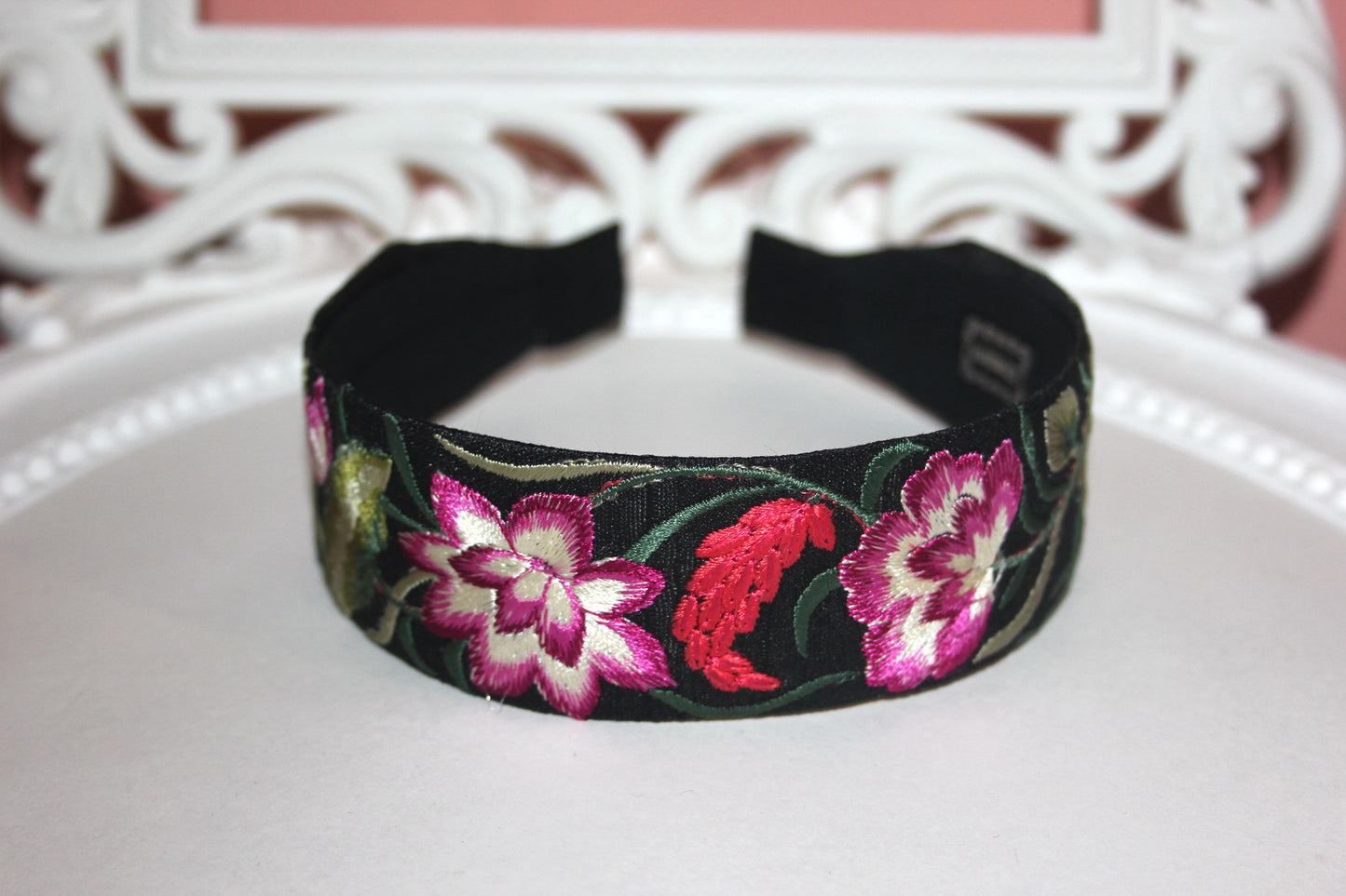 Embroidered hairband 1.6" inch Black, Green & Magenta silk headband