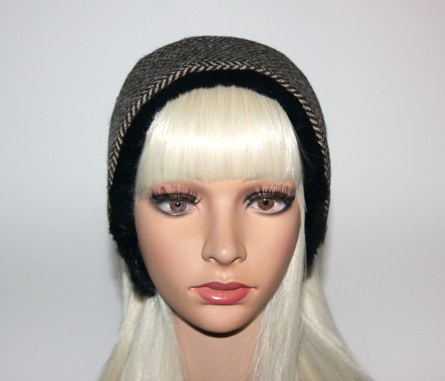 Wool ear headband faux fur earmuff for woman herringbone skiing headphones