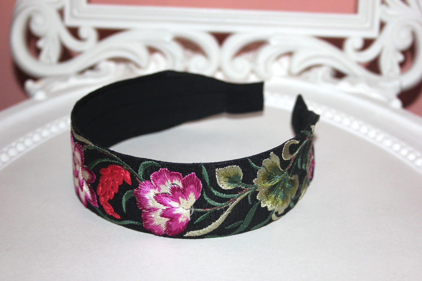 Embroidered hairband 1.6" inch Black, Green & Magenta silk headband