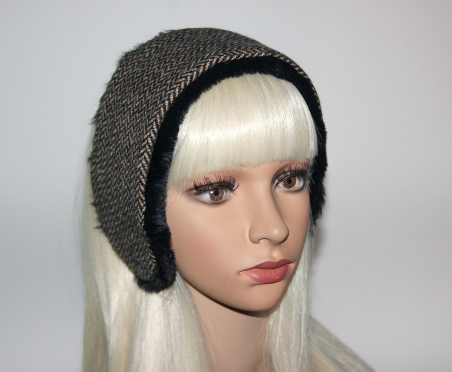 Wool ear headband faux fur earmuff for woman herringbone skiing headphones