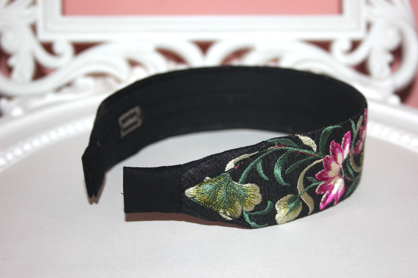 Embroidered hairband 1.6" inch Black, Green & Magenta silk headband