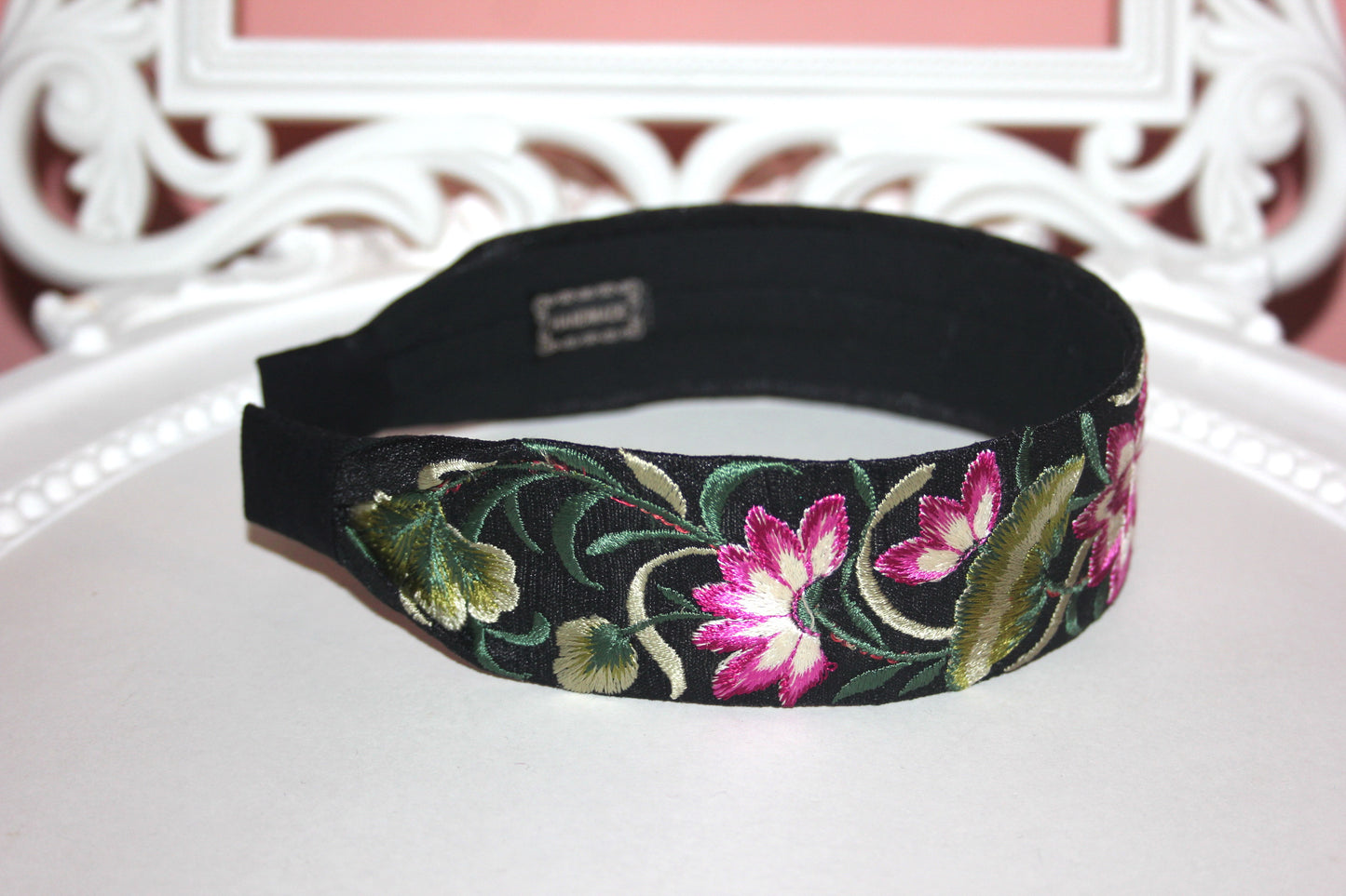 Embroidered hairband 1.6" inch Black, Green & Magenta silk headband