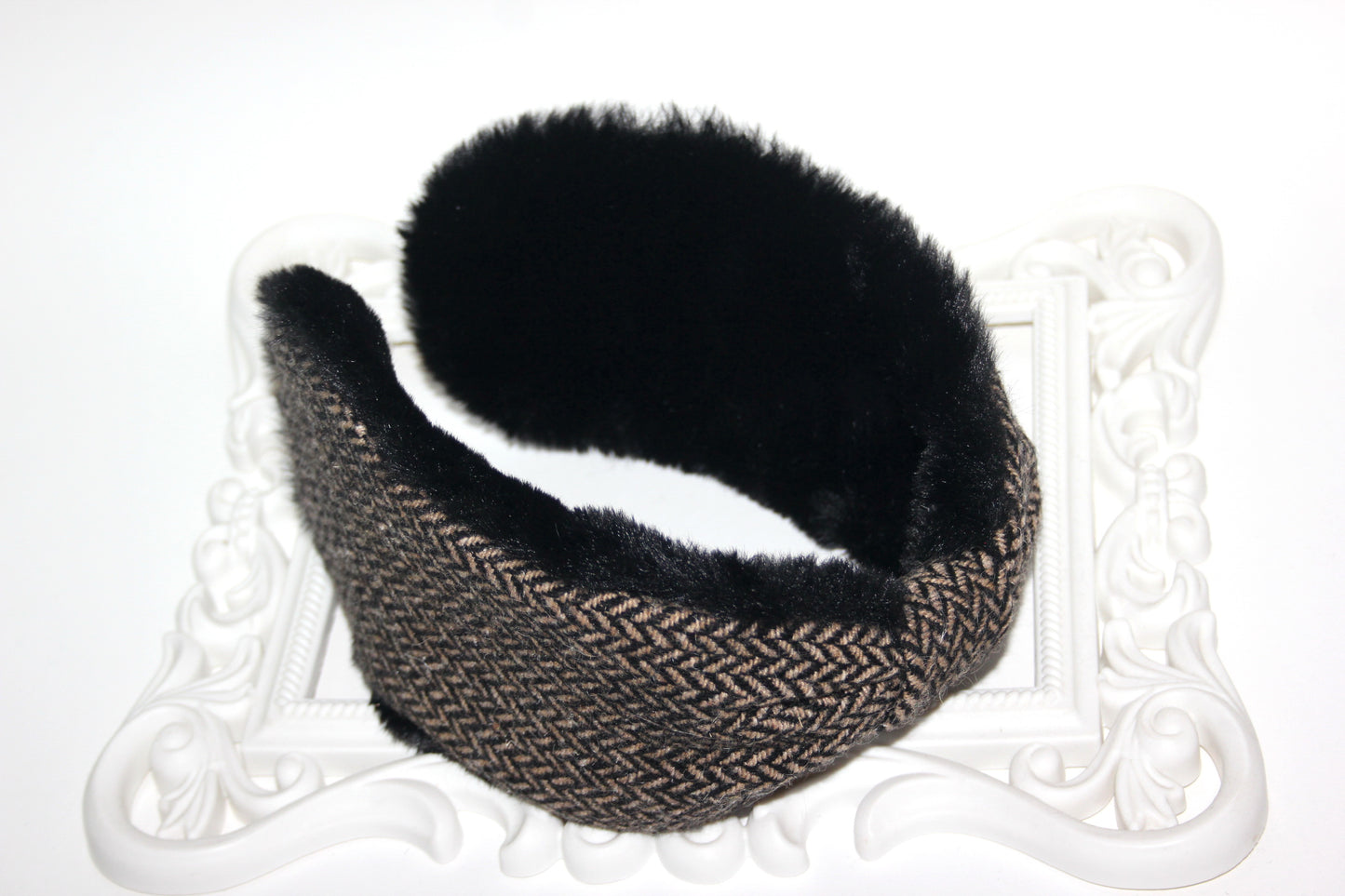 Wool ear warmer faux fur earmuffs for woman herringbone headband turban