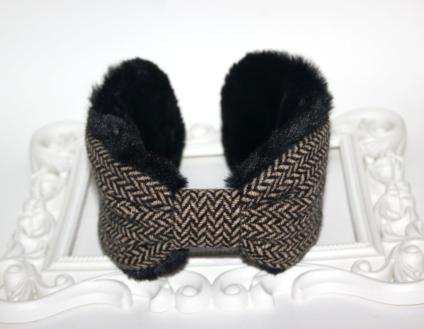 Wool ear warmer faux fur earmuffs for woman herringbone headband turban