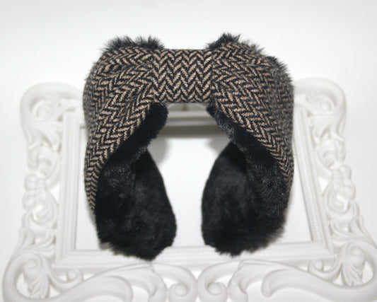 Wool ear warmer faux fur earmuffs for woman herringbone headband turban