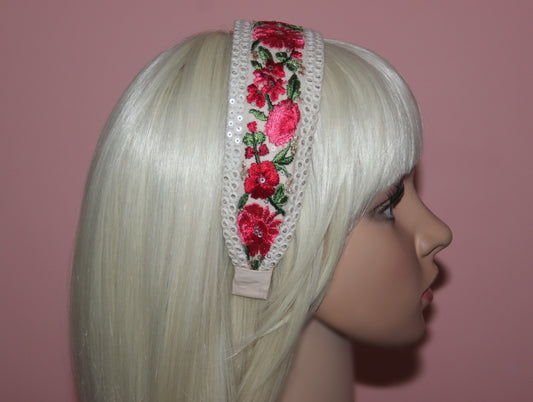 Embroidered woman headband Comfy headband scarf, 2" wide hairband, sequin gold stunning headpiece