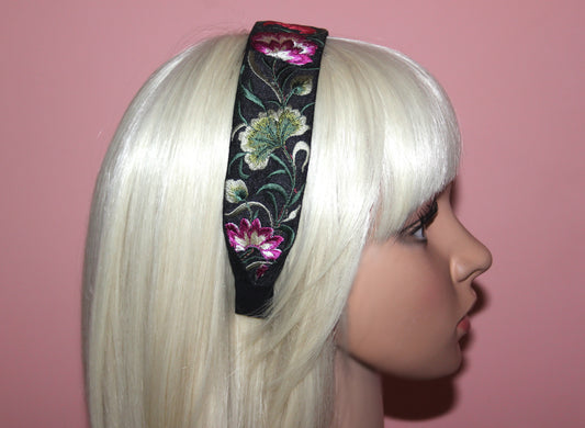 Embroidered hairband 1.6" inch Black, Green & Magenta silk headband