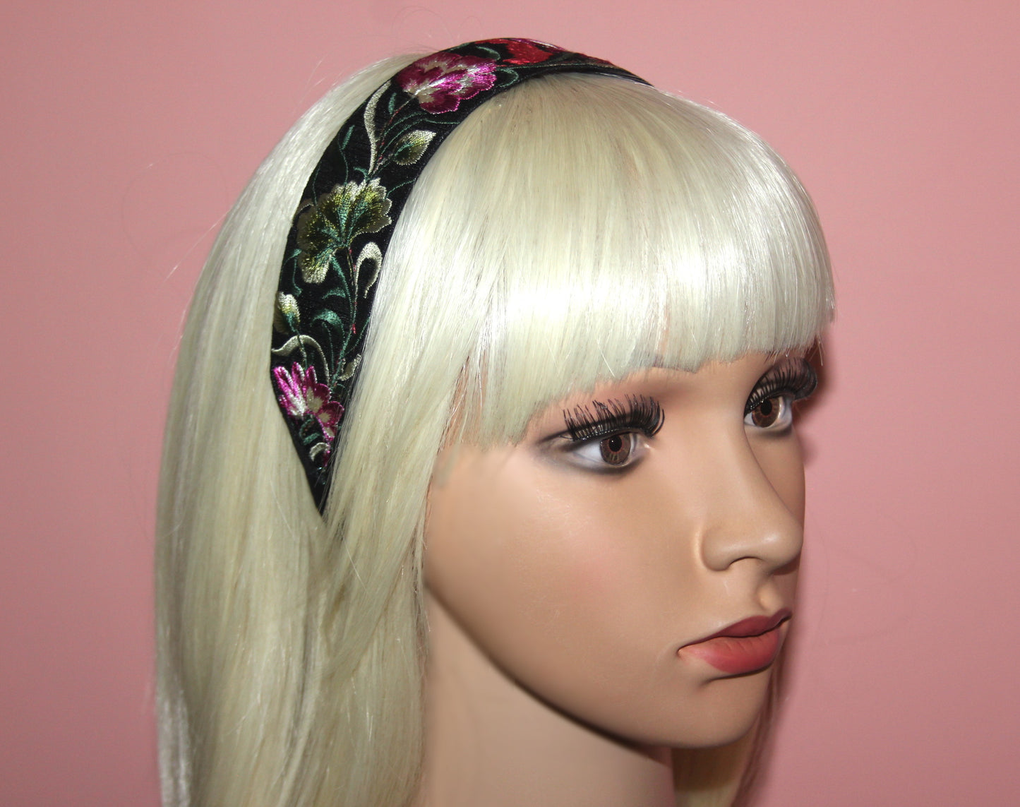 Embroidered hairband 1.6" inch Black, Green & Magenta silk headband