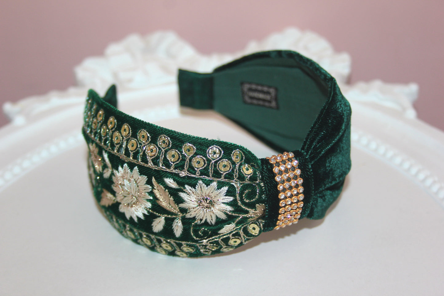 Embroidered headband Dark Green & Gold silk velvet hairband, plastic free