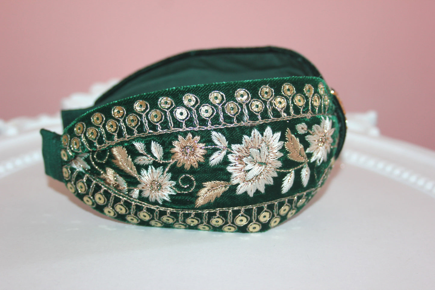 Embroidered headband Dark Green & Gold silk velvet hairband, plastic free